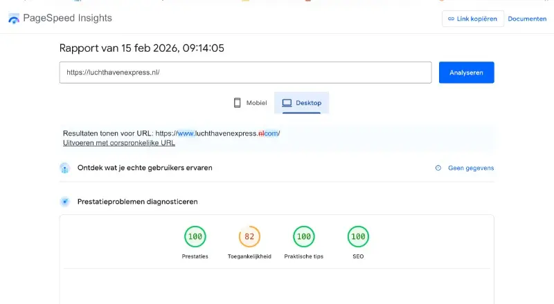 PageSpeed Insights desktop score 100 prestaties voor LuchthavenExpress website